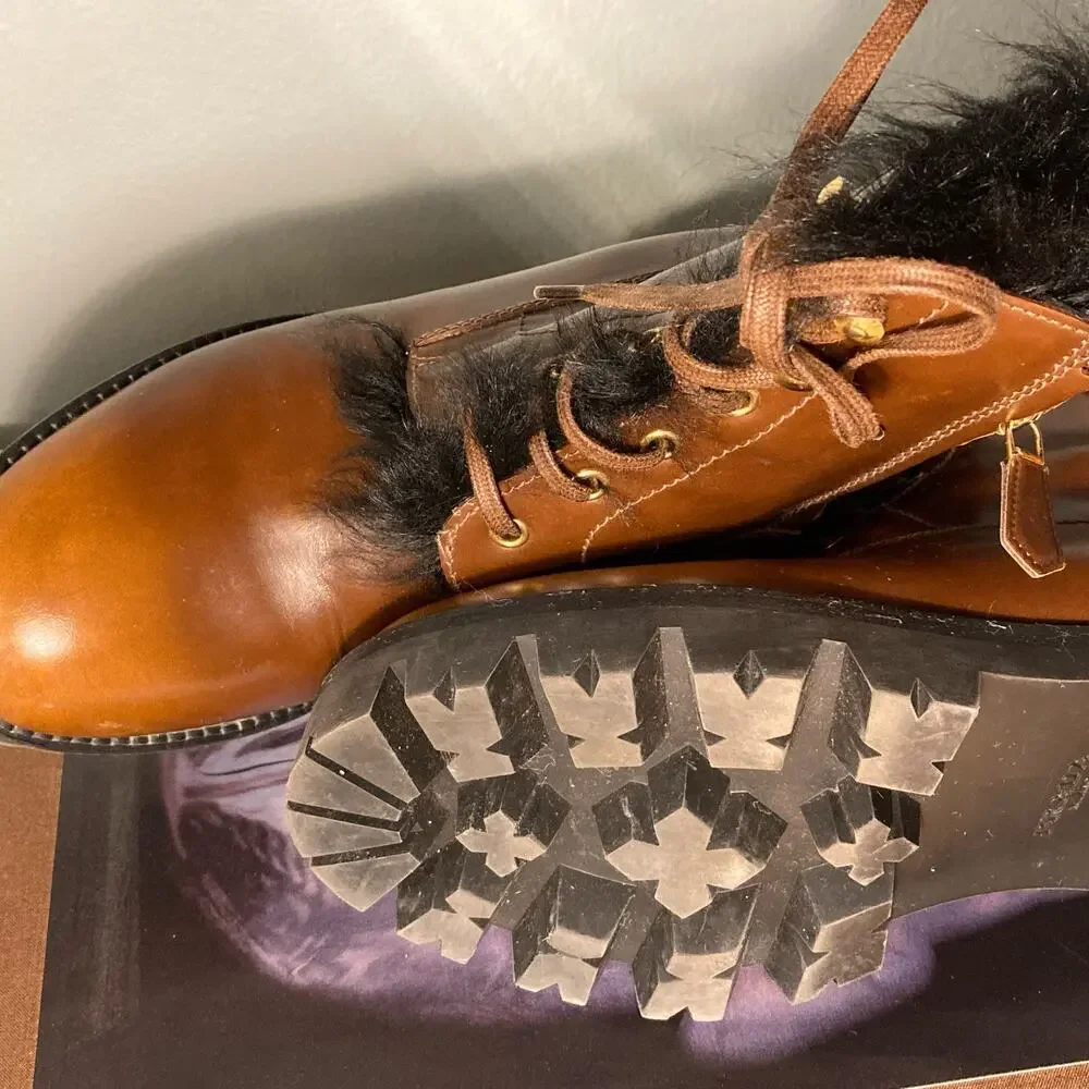 Prada Tobacco Burnished Leather Fur Combat Boot Orig $1400 Sz 38 / 7.5 8~ Mint - Picture 9 of 12